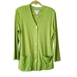 ADOLFO Sport Button Down V Neck Cardigan Front Pockets Long Sleeves Medium Green